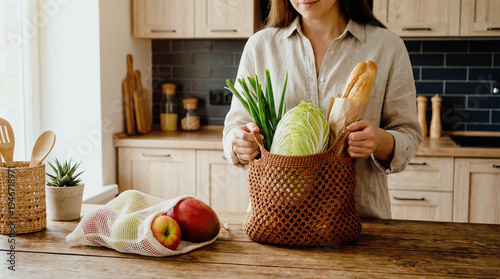 Konstfotografi A woman holds a bag of vegetables on the table, healthy eating, and mindful food choices for a balanced lifestyle