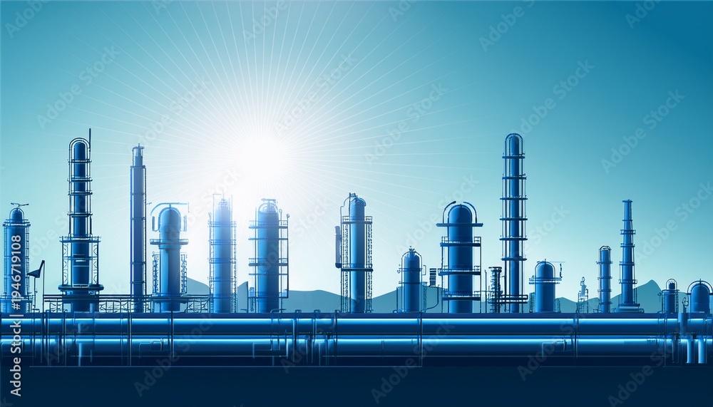 Obraz premium industrial pipeline oil and gas factory blue color banner with sun ligh