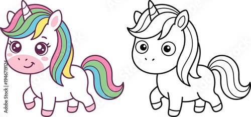 Cute unicorn cartoon character with rainbow mane kids coloring page and colored version kawaii fantasy animal flat vector illustration