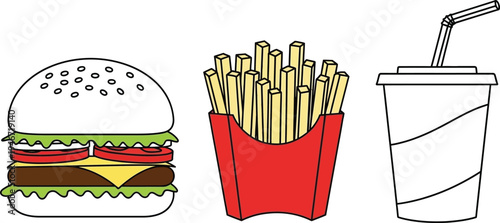 Outline vector illustration of a classic fast food combo meal featuring a hamburger french fries and a soda drink perfect for menu design or advertising