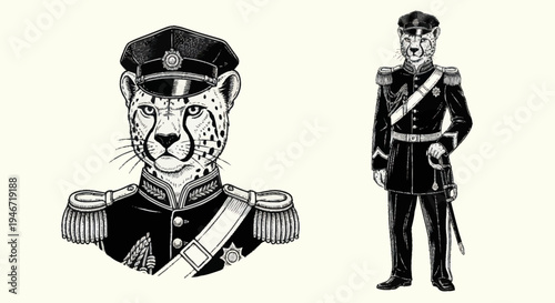 Cheetah in Military Uniform and Human Soldier Illustration.