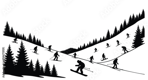 Skiers and snowboarders descend a mountain slope black silhouette