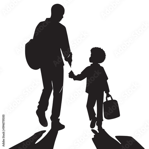 Black Parent dropping kid school Silhouette Vector, High Quality Illustration on White Background