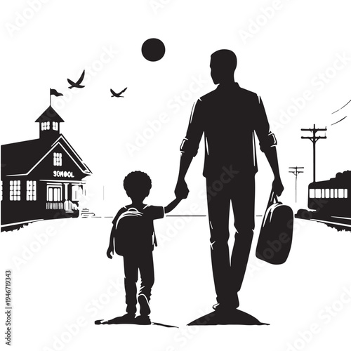 Black Parent dropping kid school Silhouette Vector, High Quality Illustration on White Background