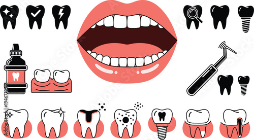 Dental care icons collection with teeth mouth implant toothbrush and dentist tools oral hygiene flat vector illustration set