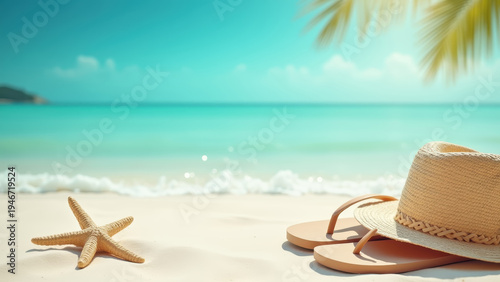 Summer beach mockup with flip flops sunhat and starfish on white sand surface, bokeh soft turquoise ocean background