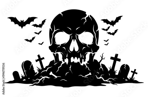 Halloween skull graveyard silhouette with bats and tombstones