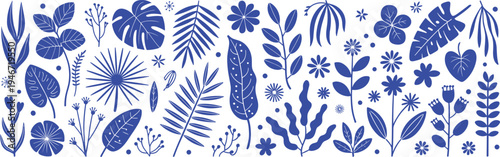 Collection of Blue Botanical Silhouettes with Various Leaf and Flower Shapes white leaves