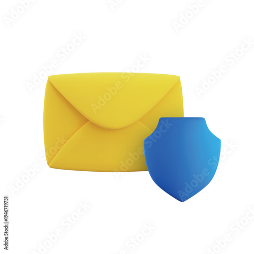 Vector cartoon 3d secure email icon. 3d render closed yellow envelope with blue shield. Electronic mail protection sign, cyber security, stop spam mail, protected communication concept for web, app.