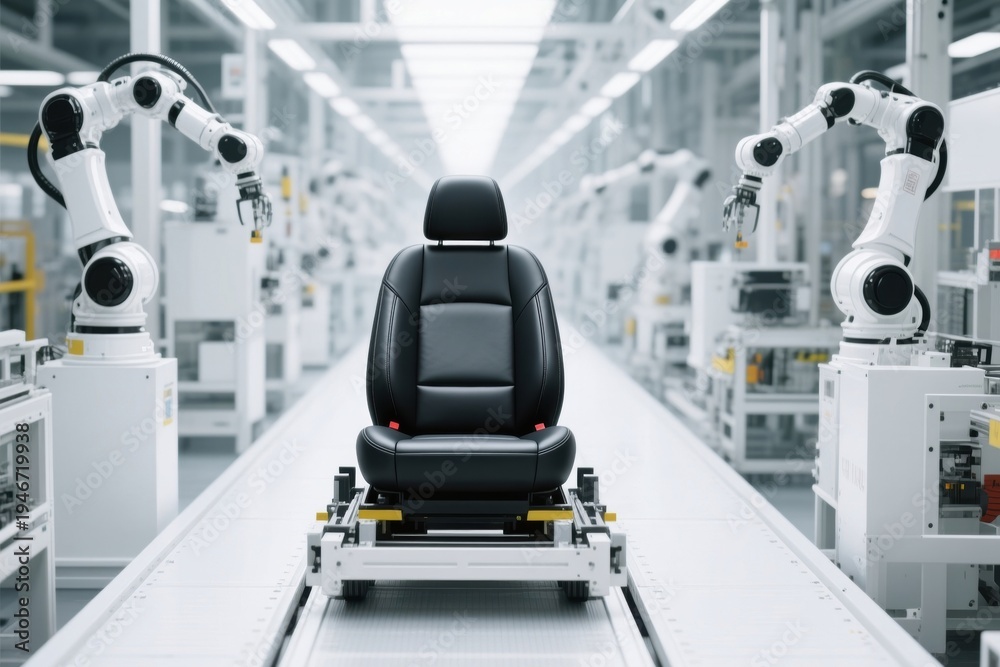 Fototapeta premium Car seat on production line with robotic arms showing ai technology processing automation quality in industry production