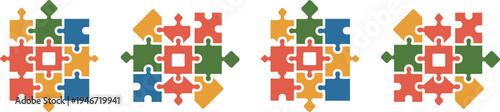 Four colorful puzzle arrangements with a central square hole on a white background jigsaw pieces