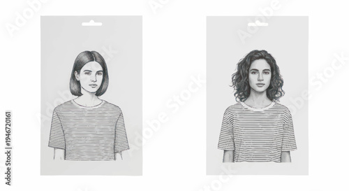 Two pencil sketch portraits of women in packaging.