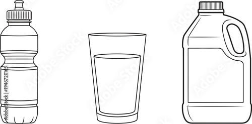 Outline vector illustration of common liquid containers including a sports bottle drinking glass and plastic jug ideal for packaging design or hydration concepts
