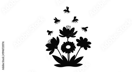 Floral arrangement with flying insects a striking black silhouette