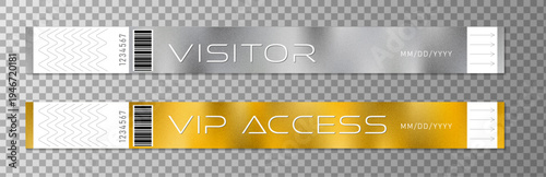 Gold and silver paper bracelet set. Visitor and vip access. Admission wristband for party, club, hotel, concert, festival and different event