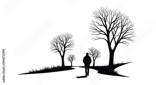Lone figure walking toward trees in a stark dramatic silhouette