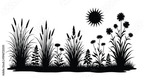 Black floral and grassy landscape with a sunburst a striking silhouette