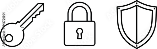 Set of security and access control icons featuring a key padlock and shield in a minimalist flat line art style perfect for web and mobile app UI