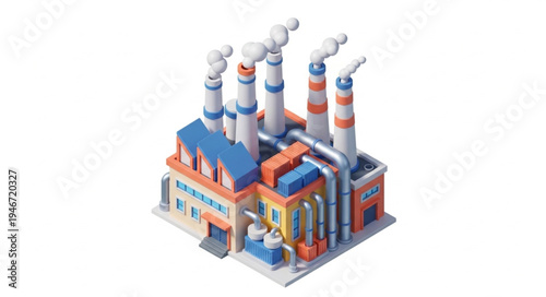 Modern industrial factory with smoking chimneys and pipes.