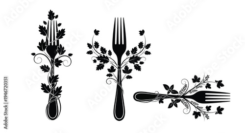 Elegant cutlery designs with floral elements presented as a silhouette