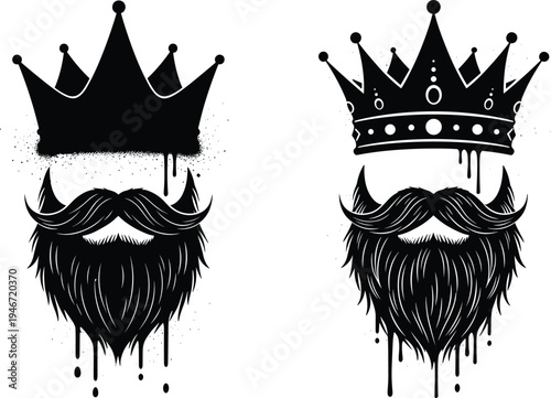Bearded king head illustration with crown in grunge dripping graffiti style royal character icons isolated on white backgroundBearded king head illustration with crown in grunge dripping graffiti styl