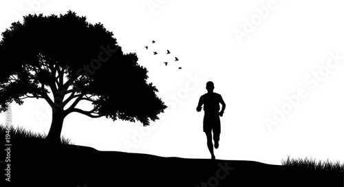 Silhouette of a man running next to a large tree.