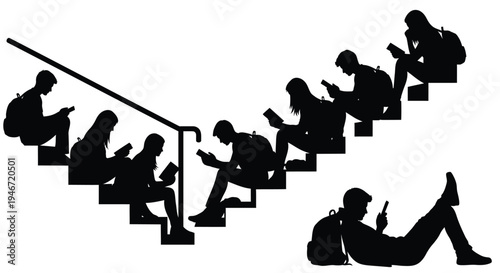 Students using devices on stairs a striking black silhouette