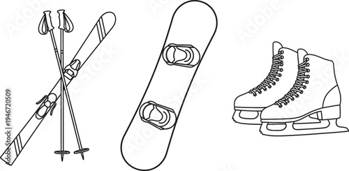 Set of winter sports equipment including skis snowboard and ice skates presented as minimalist outline vector illustrations for seasonal design