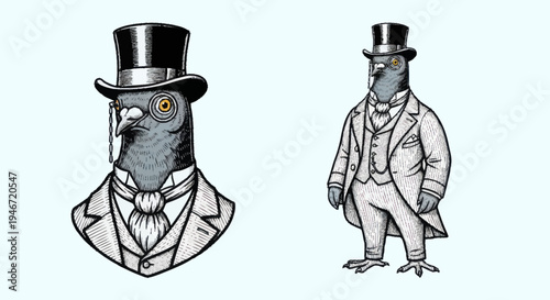 Dapper Pigeon Wearing Top Hat and Suit Illustration.
