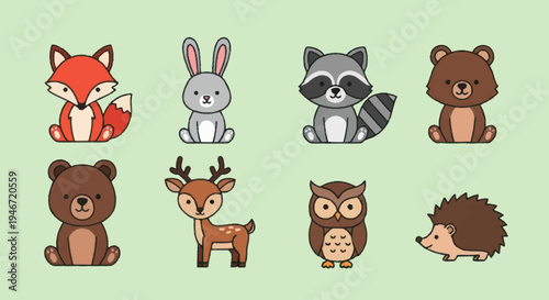 Collection of Cute Cartoon Forest Animals in Various Poses.