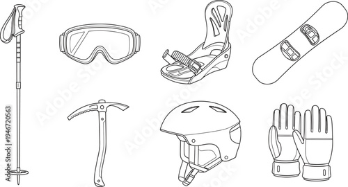 Set of winter sports equipment icons featuring snowboarding and skiing gear in a minimalist line art style perfect for outdoor activity graphics