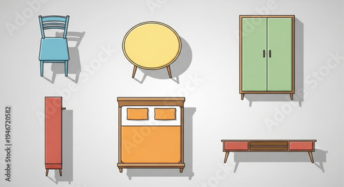 Collection of modern furniture items seen from above.