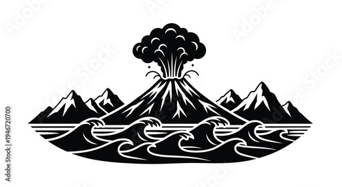Dramatic volcanic eruption over ocean waves a striking silhouette
