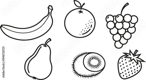 Set of minimalist outline fruit icons featuring banana orange grapes pear kiwi and strawberry perfect for healthy food apps and grocery designs isolated on white background
