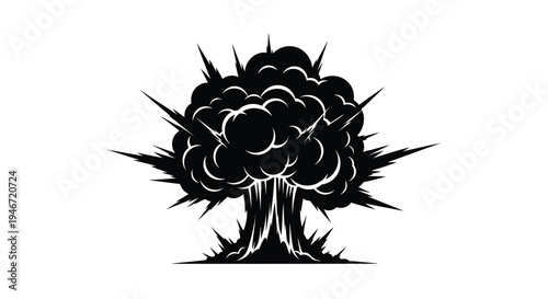 Dramatic explosion depicted in a stark black shape silhouette