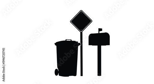Street elements including a mailbox trash can and sign silhouette