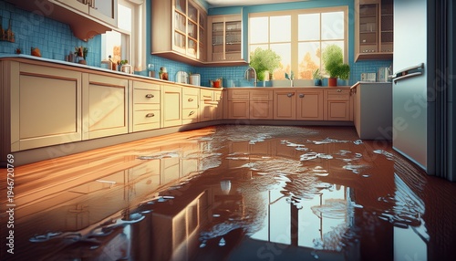 flooded floor in kitchen from water leak damage property insurance concept generation ai