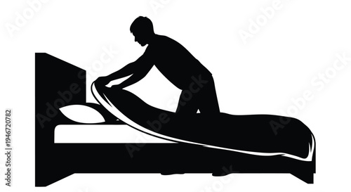 A man making a bed in a simple bedroom black silhouette