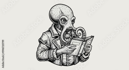 Intelligent Octopus Gentleman Reading a Book with Tentacles.