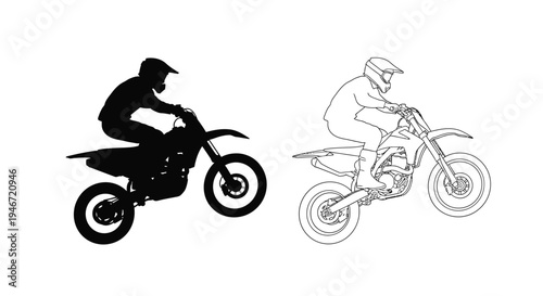 Two motocross riders depicted in contrasting styles a bold silhouette