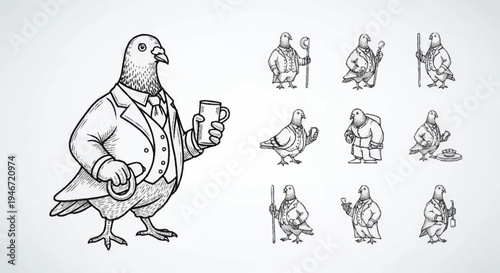 Dapper Pigeon Gentleman Holding a Mug in Vintage Style.