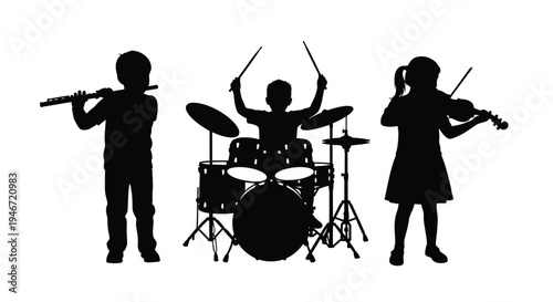 Children playing musical instruments in a striking black silhouette