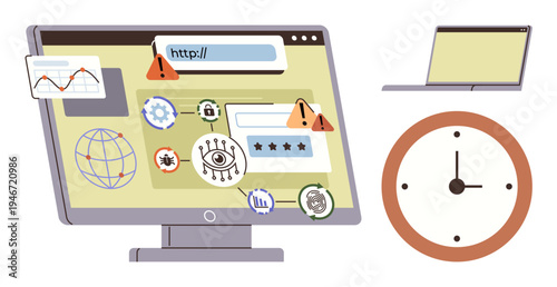 Cybersecurity, data protection, time management, phishing threats, online awareness, digital security. Desktop showing error alerts, icon indicators and a clock image. Cybersecurity and data
