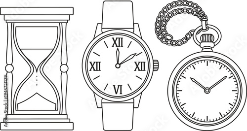 Collection of classic time measuring devices featuring an hourglass wrist watch and pocket watch in a minimalist outline vector illustration