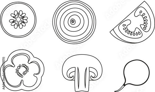 Collection of minimalist outline vector illustrations featuring sliced vegetables and a spinach leaf ideal for healthy food concepts cooking and kitchen-related designs