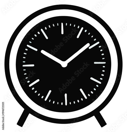 Black analog alarm clock icon indicating time, punctuality, schedule, and morning routine.