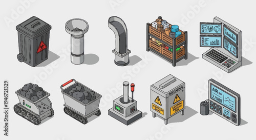 Isometric Industrial Equipment and Technology Collection.