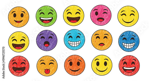 Colorful emoticon faces with various expressions.
