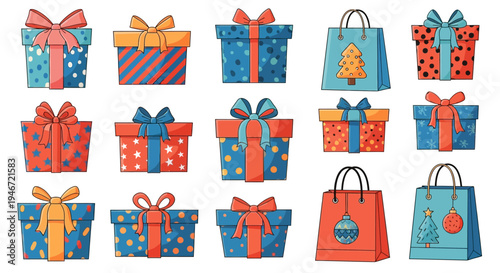 Colorful wrapped gifts and shopping bags for holiday celebrations.