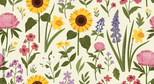 Vibrant floral pattern with sunflowers and colorful wildflowers.